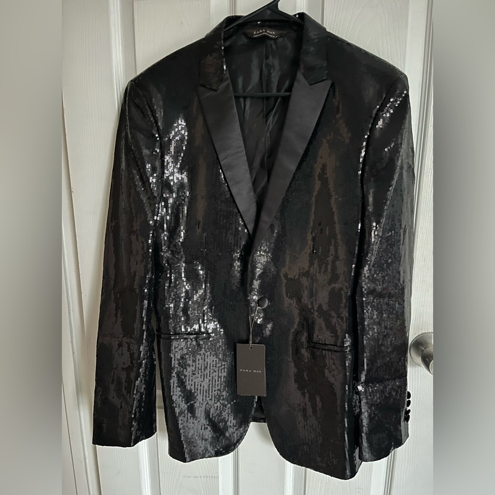 NWT Zara Men's Black Sequin Blazer Size 40